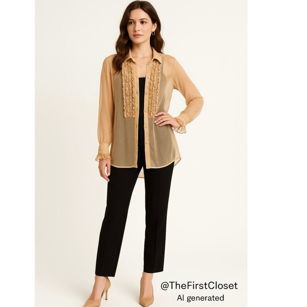 Sheer Nude Beaded Ruffle Tunic Blouse | Size M